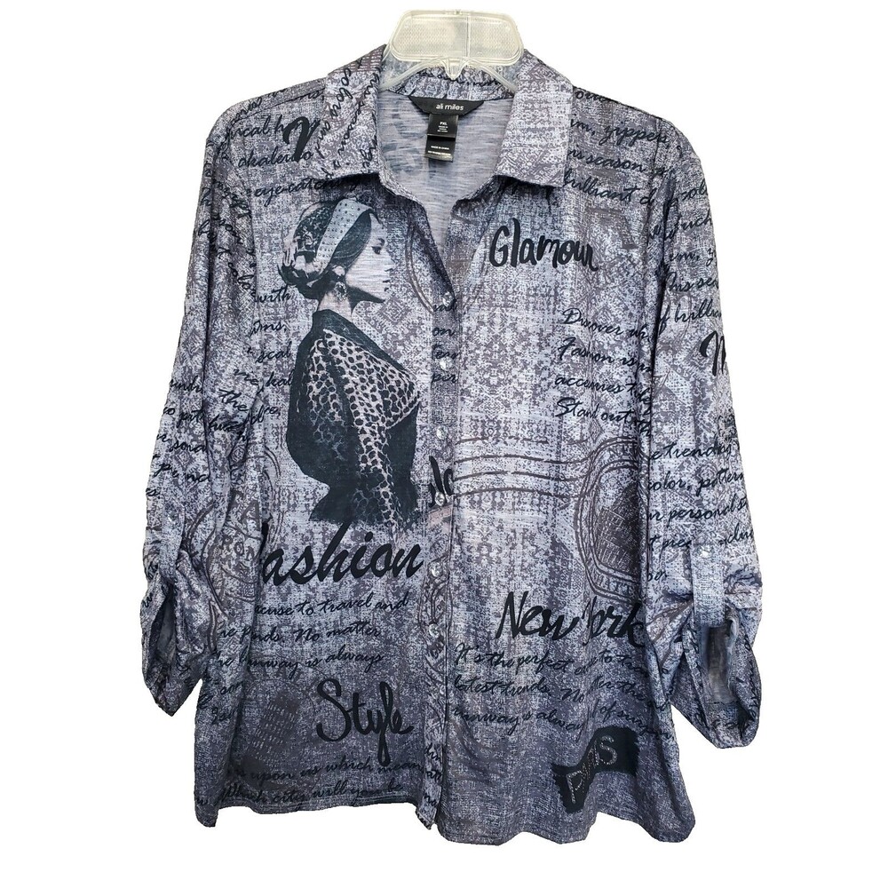 Ali Miles Fashion Graffiti Studded Roll-Tab Rhinestone Button Tunic Size PXL NWT